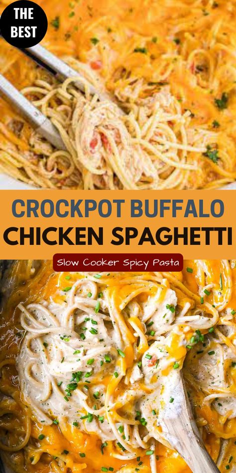 Learn how to make buffalo chicken spaghetti in a crockpot with this easy recipe. It's creamy, cheesy, and full of flavor. Spaghetti In Crockpot, Chicken And Cheese Pasta, Buffalo Chicken Spaghetti, Crockpot Chicken Spaghetti, Slow Cooker Buffalo Chicken, Chicken Spaghetti Recipe, Shredded Buffalo Chicken, Crockpot Buffalo Chicken, Crockpot Spaghetti