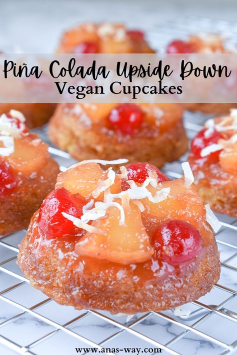 Pineapple Upside Down cake gets a mini makeover and is turned into a delicious and tropical Piña Colada Cupcake! Easy, delicious, and of course vegan! #vegan #cupcakes #pinapple Vegan Pineapple Cupcakes, Vegan Luau Party Food, Vegan Hawaiian Food, Frozen Pineapple Dessert, Recipe With Pineapple Chunks, Vegan Pineapple Upside Down Cake, Polynesian Party, Hawaiian Appetizers, Vegan Pina Colada