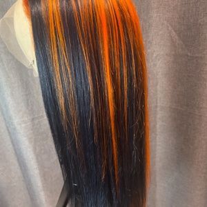 Hair | Black And Orange Human Hair Wig | Poshmark Orange And Black Hair Streaks, Half Orange Half Black Hair, Black And Orange Color Block Hair, Black Hair With Orange Highlights, Orange Highlights In Black Hair, Black And Orange Hair Split, Orange And Black Split Dye, Orange And Black Wigs, Black And Orange Hair