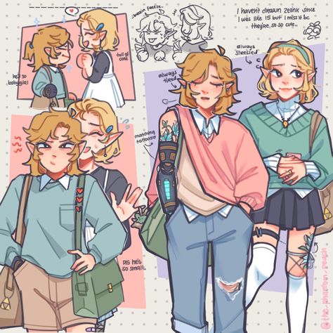 Zelda School Au, Zelink Cute, Zelda Modern Au, Link Trans, Zelink Totk, Short Hair Zelda, Zelda Oc, Zelink Fanart, Link And Zelda