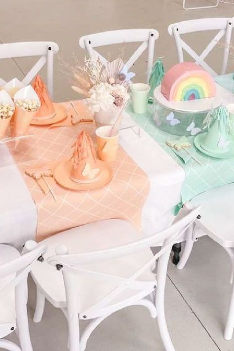 Take a look at this gorgeous pastel rainbow birthday party! Love the table settings! See more party ideas and share yours at CatchMyparty.com Elegant Rainbow Party, Rainbow Table Setting, Pastel Rainbow Birthday Party, Rainbow Dinner, Rainbow Birthday Party Ideas, Pastel Rainbow Birthday, Rainbow Table, Butterfly Rainbow, Pastel Butterfly