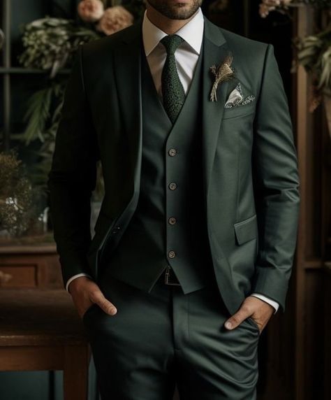 Dark Green Suites Wedding, Tux For Wedding Groom Attire, Dark Green Suits Groomsmen, Green Suit Aesthetic Men, Green Wedding Suits Groom, Black And Green Wedding Suit, Forest Green Suit Wedding, Mens Wedding Tuxedo Ideas, Dark Green Tuxedo Wedding