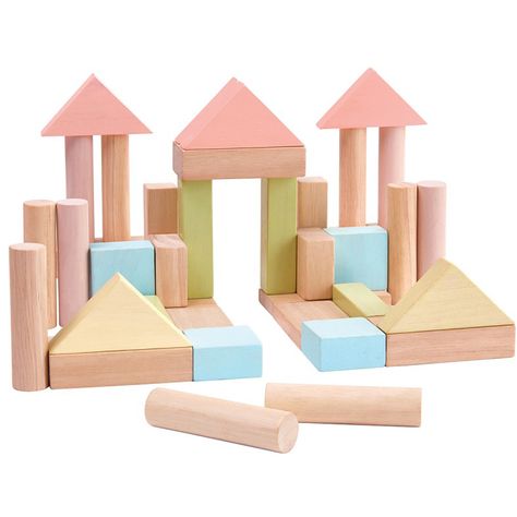 Check out the sustainable features of the PlanToys Pastel Wooden Building Blocks - 40pc from PlanToys. Shop eco-friendly toys on EarthHero.com! Creative Thinking Skills, Wooden Building Blocks, Sustainable Toys, Wooden Buildings, Plan Toys, Sustainable Gifts, Montessori Toys, Wooden Blocks, Creative Kids