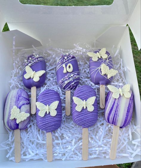 Purple Cakesicles, Butterfly Treat Table, Butterfly Desserts, Butterfly Dessert Table, Purple Candy Table, Purple Treats, Purple Dessert Tables, Purple Butterfly Party, Pink Butterfly Theme