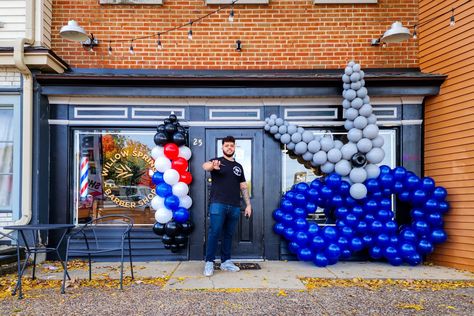 Barbershop balloon decoration for grand opening and anniversary celebration Barber Shop Grand Opening Ideas, Grand Opening Balloon Decor, Business Balloons, Barber Ideas, Business Anniversary, Barber Pole, Barber Shop Decor, Estilo Swag, Balloon Sculptures