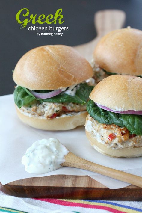 Greek Chicken Burgers with Greek Yogurt Sauce Greek Chicken Burgers, Greek Yogurt Sauce, Party Sandwiches, Recipe Cookbook, Chicken Burger, Greek Chicken, Yogurt Sauce, Greek Food, Wild Game