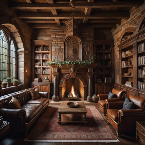 Castle Style Interior, Rustic Library Room Ideas, Wizard Home Aesthetic, Fancy Home Library, Castle Living Room Aesthetic, Old Manor House Interior, Midevil Room Aesthetic, Castle Style Homes Interior, Cottagecore Interior Design Living Room