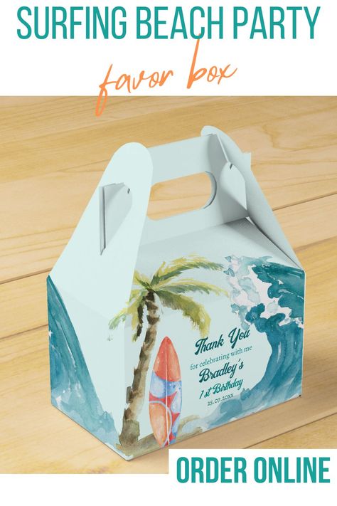 Surfing beach nautical beach tropical party favor box Surf Theme Party Favors, Surf Theme Party, Birthday Party Box, Beach Birthday Party, Party Stationery, Nautical Party, First Birthday Party Themes, Beach Birthday, Beach Tropical