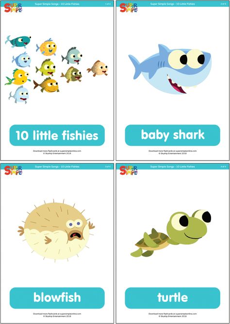 Practice the names of 4 different sea creatures with this flashcard set for the song, “10 Little Fishies.” Classroom Songs, Super Simple Songs, Animal Flashcards, Kids Room Paint, Simple Character, Shark Birthday Party, Kids English, Shark Birthday, Preschool Teacher