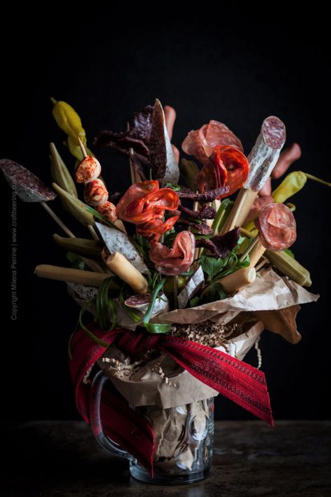 Salami Flowers, Meat Bouquet, Charcuterie Bouquet, Craft Beer Gifts, Beer Bread Recipe, Charcuterie Gifts, Food Bouquet, Pickled Okra, Edible Bouquets