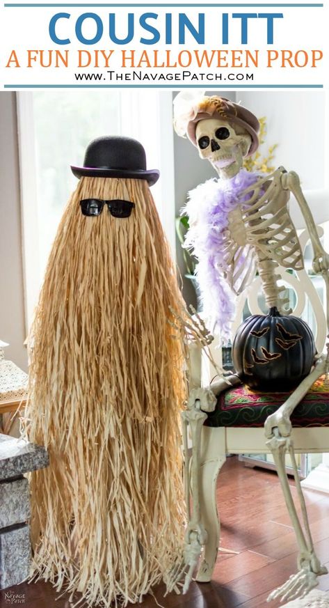 Cousin Itt Halloween prop | DIY Addams Family Cousin It | Step-by-step tutorial for how to make a Cousin It | DIY Halloween decor with Dollar store supplies | Upcycled and Repurposed Halloween decor | Upcycled tomato cage to Halloween decoration | #TheNavagePatch #Upcycle #Repurposed #halloweendecorations #halloween #DollarStore #DollarTree #easydiy #DIY #halloweenparty #Cousinit | TheNavagePatch.com Family Props, Cousin Itt, Halloween Maquillage, Cheap Halloween Diy, Cousin It, Diy Halloween Dekoration, Diy Halloween Party, Dollar Store Halloween Decorations, Cheap Diy Halloween Decorations