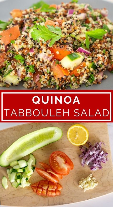 This Quinoa Tabbouleh Salad has lots of flavor thanks to fresh herbs, lemon juice, olive oil, and lots of veggies. A cucumber and tomato quinoa salad like you've never had before! Enjoy this as a plant based lunch / gluten-free lunch or as a healthy dinner or side dish. This quinoa salad is super quick to make, filling, and delicious. If you're looking for quinoa recipes, quinoa salads, middle Eastern recipes, or vegetarian meal ideas / plant based meal ideas, give this quinoa tabouli a try! Super Healthy Lunch Ideas, Tomato Quinoa Salad, Quinoa Tabouli, Vegetarian Meal Ideas, Tabouli Recipe, Quinoa Salads, Cucumber And Tomato, Plant Based Meal, Trim Healthy Recipes