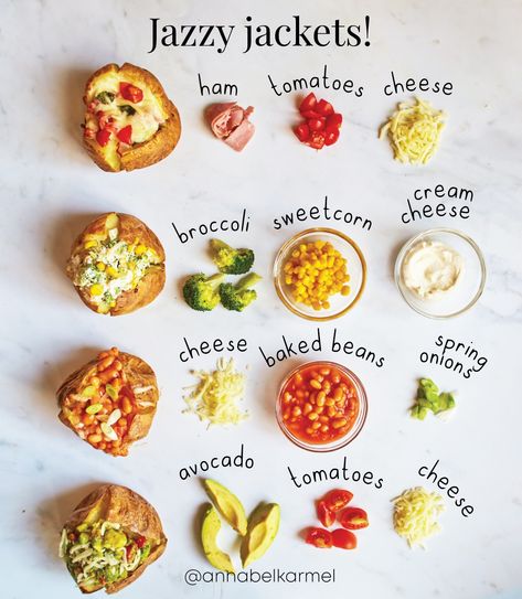 Annabel Karmel - 🥔 JAZZY JACKETS 4-WAYS 🥔 You can’t go... Girly Nights, Annabel Karmel Recipes, Jacket Potato Recipe, Plan Ahead Meals, Office Lunches, Fancy Foods, Jacket Potatoes, What To Make For Dinner, Vegetarian Ideas