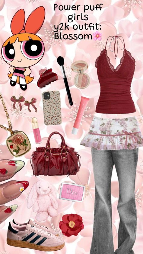 Powerpuff girls y2k outfit: Blossom🌸 Powerpuff Outfit Ideas, Blossom Powerpuff Outfit, Powerpuff Outfit, Powerpuff Girls Outfit, Power Puff Costume, Powerpuff Blossom, Y2k Costume, Fun Halloween Outfits, Blossom Powerpuff