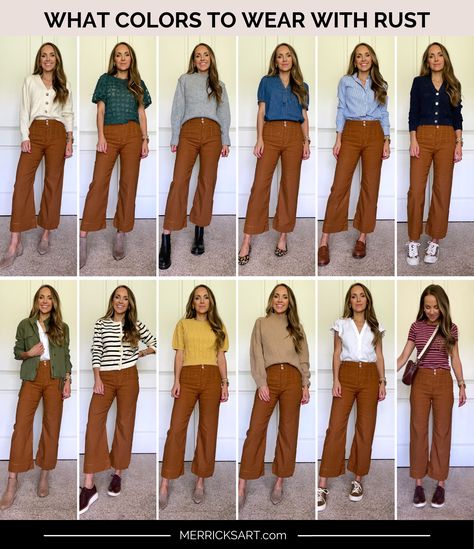 Engaged Outfit Ideas, Rust Clothing Color Combos, Copper Colored Pants Outfit, Cinnamon Color Pants Outfit, Summer Outfits Autumn Colors, Rust Pants Outfit Summer, Rust Cropped Pants Outfit, Rust Outfit Ideas, How To Style Burnt Orange Pants