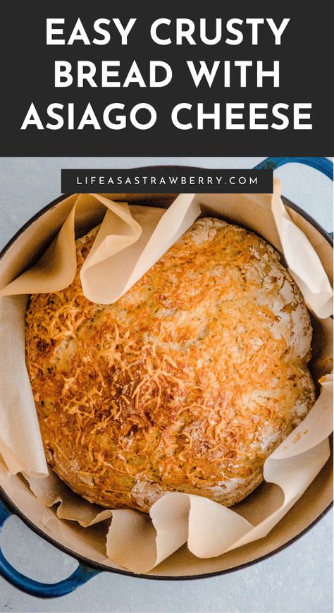 Easy Crusty Asiago Bread Recipe - This simple asiago cheese bread is ready in just a few hours! No-knead bread loaf baked in a Dutch Oven for a crispy crust and chewy interior. Easily shaped into a baguette or bread bowls. Dutch Oven Asiago Cheese Bread, Dutch Oven Asiago Bread, Dutch Oven Dessert Bread, Asiago Garlic Bread, Wine Bread Recipe, Sourdough Asiago Bread, Asiago Sourdough Bread Recipe, Cheese Dutch Oven Bread, Dutch Oven Bread Cheese