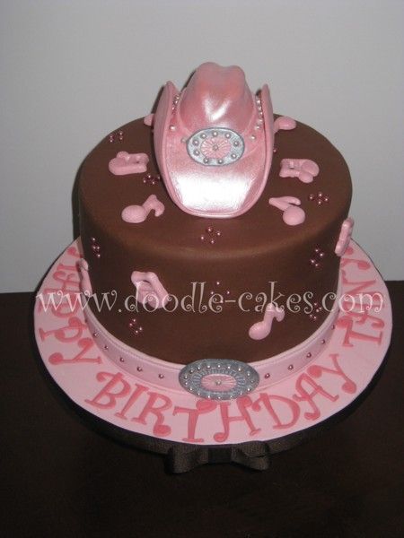 Cowgirl Style - Country Music Gal style. Hat, buckle and music nots are gumpaste lustered with pearl dust. Cake is Coffee Chocolate Hazenut Cake with Chocolate Hazelnut Swiss Buttercream filing. Country Music Cake, Music Birthday Cakes, Music Birthday Cake, Doodle Cake, Music Themed Cakes, Cowgirl Cakes, Music Cake, Girly Cakes, Farm Cake