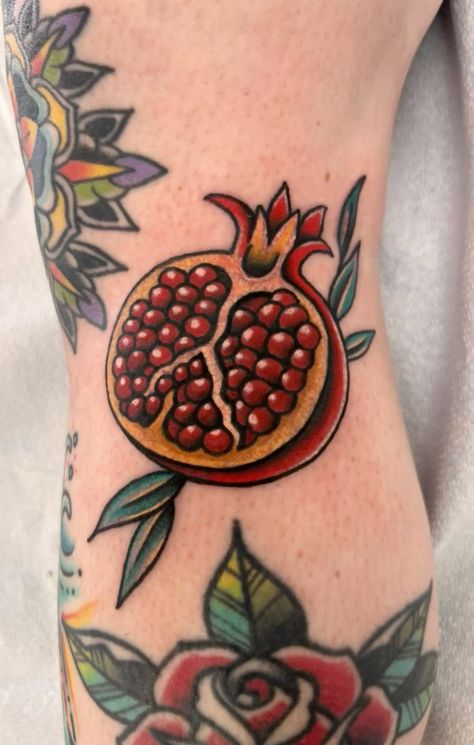 Pomegranate Tattoo, American Traditional Tattoo, Neo Traditional, Fruit Tattoo, Shannon Pagliarini, NJ Tattoo Artist, My Tattoo!!!!! Fruit Tattoos, Pomegranate Tattoo, Fruit Tattoo, Colorful Tattoo, Old School Tattoos, Color Tattoos, Tattoo Reference, 1 Tattoo, Desenho Tattoo