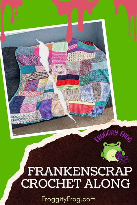 Froggity Frogs 2024 crochet along is called the FrankenScrap. A patchwork afghan made to be a stash busting crochet project. Discover how you can take part in the FrankenScrap CAL and wat you need in this post Click to read now 2024 Crochet Along, Frog Crochet Granny Square, Crochet Frog Blanket, Blob Frog Crochet Pattern, Frog Crochet Blanket Pattern, Crochet Leggy Frog Pattern, Patchwork Afghan, Different Crochet Stitches, Crochet With Cotton Yarn