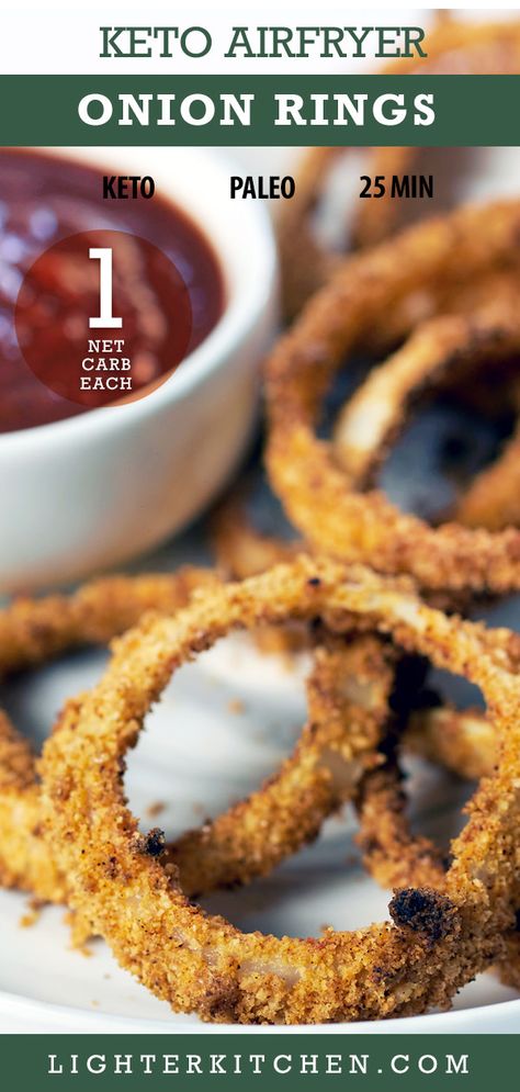 Crunchy Air Fryer Onion Rings! The perfect mix of crunch and light. This onion rings recipe is Keto friendly and Low Carb thanks to a surprise ingredient! This is a perfect Keto Snack Recipe. Visit LighterKitchen.com for more Low Carb Recipes. #keto #ketorecipes #lowcarb #lowcarbrecipes #easyrecipes #healthyrecipes #ketosnacks #lowcarbsnacks #onionrings #porkrindrecipes #snackrecipes #airfryer #airfryerrecipes Keto Onion Rings Air Fryer, Cheeseburger Chaffle, Onion Rings Air Fryer, Air Fryer Onion Rings, Pork Rind Recipes, Air Fryer Recipes Keto, Low Carb Recipes Keto, Onion Rings Recipe, Onion Ring