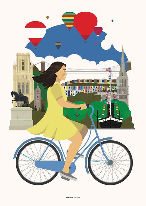 Female Fun Cycling in Bristol print  A one of kind poster, our cycling poster takes some of the key beautiful elements from our poplar Bristol Travel Poster and incorporates it with a celebration of cycling.  This second cycling poster of Bristol depicts a relaxing Sunday cycle through the city. Looks great in any house or as a fantastic gift. Designed by locals this poster showcases many of the fantastic and stunning locations and activities that makes Bristol a great city. Included are the ico Relaxing Sunday, Cycling Posters, Cycling City, Into The West, Bike Poster, 40th Birthday Cards, Cycle Chic, Suspension Bridge, Printed Balloons