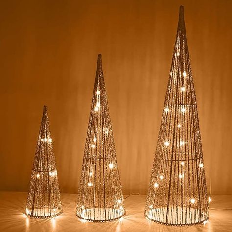 3 different sizes large cone tree decor light perfectly match with Christmas atmosphere, which are great choices for you to decorate your Christmas party in living room, bedroom, bar, hotel, cafe, restaurant, supermarket decoration, and so on. Christmas Tree Topper Rustic, Christmas Cone Trees, White Table Decorations, 3 Christmas Tree, Christmas Tree With Lights, Church Christmas Decorations, Tree With Lights, Outdoor Festival, Christmas Cones