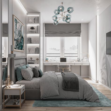 3D визуализация спальни в Москве Grey Turquoise Bedroom, Turquoise And Grey Bedroom, Modern Light Bedroom, Turquoise Bedroom, Light Gray Bedroom, Modern Bedroom Lighting, Grey Bedroom Design, Bedroom Turquoise, Light Bedroom