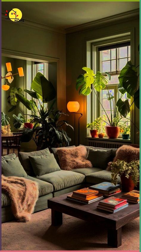 Plant House Decoration Living Rooms, Cozy Green Apartment, Living Room Inspiration Earthy, Apartment Decorating Green, Living Room Inspiration Cozy Green, Green Eclectic Living Room, Green Cozy Living Room, Dark Green Couch Living Room Ideas, Cozy Bright Living Room