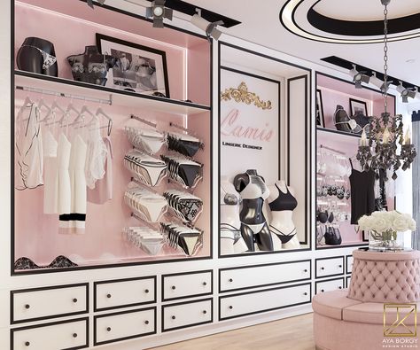 lingerie store and atelier on Behance Lingerie Store Design, Lingerie Rosa, Butik Design, Lingerie Design, Clothing Store Interior, Clothing Store Design, Store Design Boutique, Condo Ideas, Store Layout