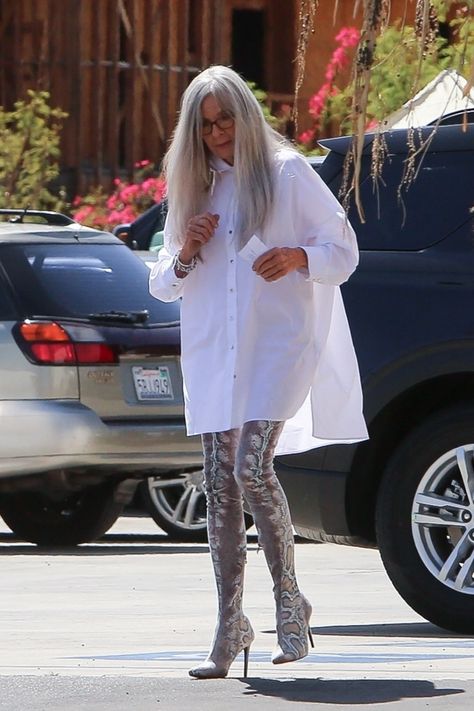 Behold, Diane Keaton and Her Snakeskin Thigh High Boots | Vogue Grey Thigh High Boots, White Doc Martens, High Boots Outfit, Wingtip Shoes, Snakeskin Boots, Diane Keaton, Button Down Shirt Dress, Stiletto Boots, Evening Jackets