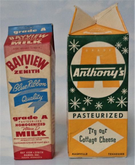 Supermarkets also killed off the milk man.  Wax paper milk cartons became common in the 1950s. Vintage Milk Packaging, Retro Milk Carton, Vintage Milk Carton, 60s Packaging, Sardines Packaging, Retro Packaging Design, Vintage Packaging Design, Milk Branding, 1940s Packaging