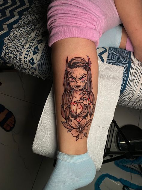 Nezuko Demon Tattoo Design, Women Anime Tattoos, Anime Tattoo Ideas For Women, Nezuko Eyes Tattoo, Daki Demon Slayer Tattoo, Small Nezuko Tattoo, Anime Sleeve Tattoos For Women, Leg Tattoos Anime, Anime Tattoo Women