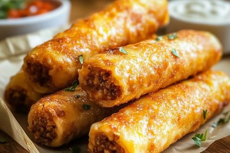 Cheesy Taco Sticks Recipe - recipestasteful Cheesy Taco Sticks Recipe, Cheese Taco Sticks, Baked Cheesy Taco Sticks, Cheesy Taco Sticks, Taco Sticks, Crispy Pizza, Cheese Tacos, Snacks Appetizers, Appetizer Bites