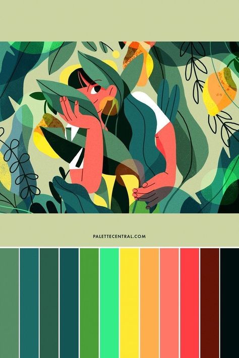 Jungle Color Palette, 12 Color Palette, Orange Palette, Yellow Palette, Procreate Illustration, Green Palette, Green Colour Palette, Color Harmony, Tattoo Design Drawings