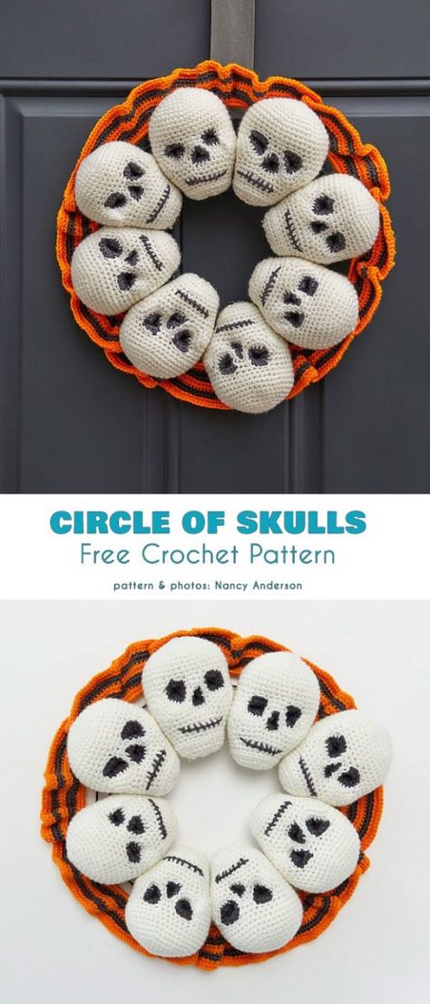 Circle of Skulls Wreath Free Crochet Pattern Here is a great idea for a door wreath for Halloween. These circle of skulls  is a scary decoration to attract the little trick-or-critters. #frrecrochetpatterns #halloweendecorations Novelty Crochet, Crochet Wreath Pattern, Crochet Skull Patterns, Halloween Knitting, Crochet Holiday, Skull Wreath, Halloween Skulls, Crochet Wreath, Crochet Skull