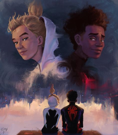 Miles and gwen Across The Spider Verse Fanart, Spider Verse Art, Miles And Gwen, Gwen Spiderman, Spiderman And Spider Gwen, Spiderman Tattoo, Spiderman Spiderverse, Spider Man Across The Spider Verse, Miles Spiderman