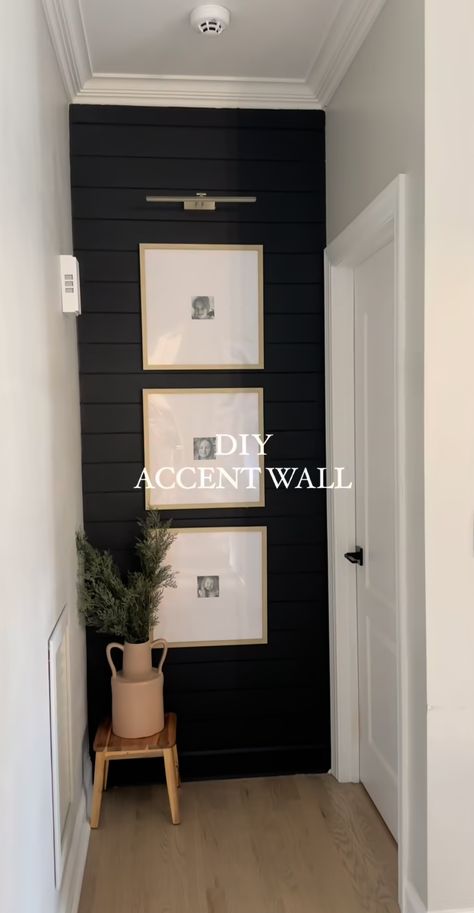 End Of Hallway Decor Ideas Small Spaces, Modern Sleek Interior Design, Black Door Black Trim, Black Hallway Ideas, Black And White House Aesthetic, Tiny Hallway Ideas, End Of Hallway Decor Ideas, Moody Hallway, Hallway Accent Wall