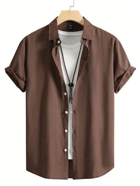 Minimalist Fashion Men, Shein Outfits, Brown Shirt, Plain Shirt, Men Shirts, Mens Fashion Casual Outfits, Cool Outfits For Men, Mens Button Up, Plain Shirts