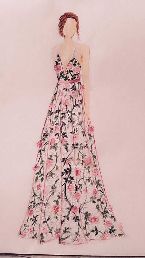 Printed Dress Drawing, Floral Print Dress Fashion Illustration, Floral Print Illustration Fashion, Floral Print Dress Drawing, Floral Dress Sketch, Fashion Illustration Dresses Gowns, Gown Illustration Fashion, Floral Dress Drawing, Floral Dress Illustration