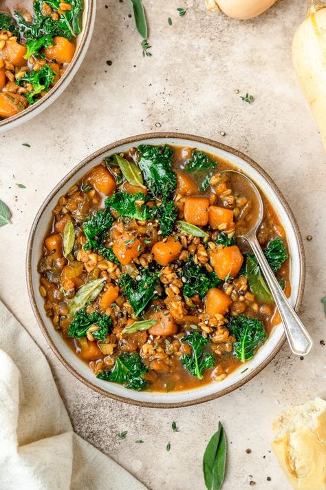 Butternut Squash Soup with Barley and Kale Soup With Barley, Sage Soup, Pearled Barley, Butternut Squash Kale, Health Cooking, Cooking With White Wine, Fresh Sage, Pearl Barley, Butternut Squash Recipes