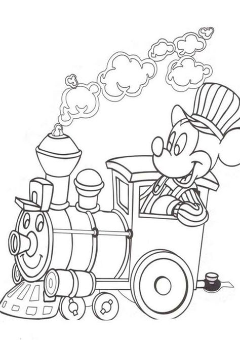 Free & Easy To Print Train Coloring Pages - Tulamama Mickey Mouse Train, Mickey Coloring Pages, Minnie Mouse Coloring Pages, Disney Activities, Train Coloring Pages, Mickey Mouse Coloring Pages, Valentines Day Coloring Page, Mouse Color, Baby Mickey Mouse