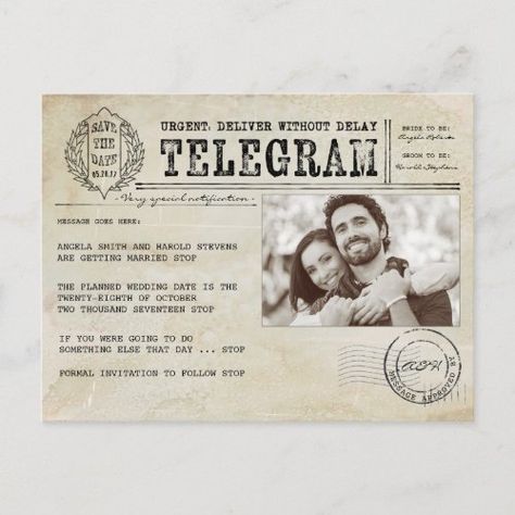 $2.07 | Vintage Telegram Old Aged Save the Date Photo Announcement Postcard #savethedatephoto #telegram #vintageoldletter #antiquetelegrams #funny #fununique #oldaged #shabby #stamped Vintage Telegram, Funny Save The Dates, Postcard Wedding Invitation, Date Photo, Old Letters, Save The Date Photos, Funny Wedding, Save The Date Postcards, Invitation Inspiration