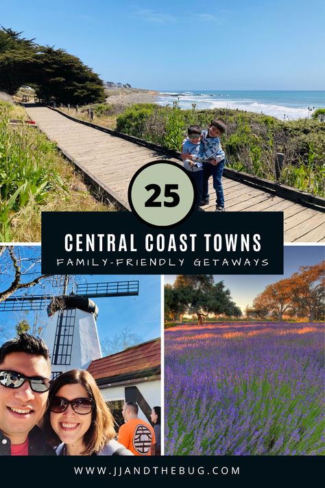 Beautiful Central Coast towns line the California coast between Los Angeles and San Francisco. Each has a unique character, but one thing that unites the towns of California’s central coast is a laid-back vibe. 😎 The 25 towns highlighted here have everything you need for a fun and relaxing family-friendly getaway. 🌊🎢🏄‍♂️🌻🍷🏖📸 California Central Coast, Central California Coast, California Roadtrip, Central Coast California, Road Trip Map, California Hikes, Travel California, California Coastline, California Destinations