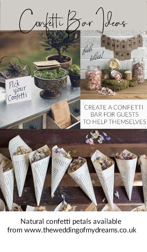 Create A Wedding Confetti Bar For Your Guests Confetti Bar Wedding, Alternative Confetti Ideas, Confetti Station, Confetti Bars, Olive Wedding, Diy Confetti, Metallic Wedding, Country Garden Weddings, Garden Theme Wedding