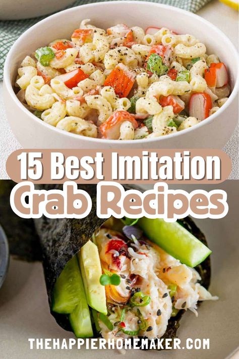 From creamy crab dip to flavorful sushi rolls and hearty crab cakes, there's no limit to what you can create with this versatile ingredient. Whether you're craving a light salad or a comforting pasta dish, imitation crab meat is the perfect addition to elevate your meals. Say goodbye to bland dinners and hello to culinary creativity with these mouthwatering recipes starring imitation crab meat! Ww Crab Recipes, Fake Crab Meat Recipes Dinners, Immigration Crab Recipes, Fake Crab Meat Recipes Easy, Crab Salad Recipe Pasta, Imation Crab Salad Recipes, Imitatation Crab Salad Recipe, Imitatation Crab Recipe Ideas, Imation Crab Recipes