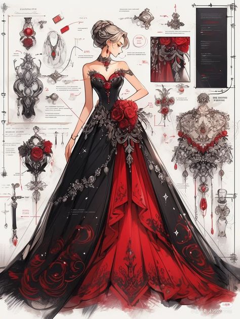 Red And Black Fantasy Dress Art, Red Fantasy Outfit, Red Fantasy Gown, Red And Black Dress, Dreamy Gowns, Fashion Sketches Dresses, Fantasy Dresses, Fashion Drawing Dresses, Dress Design Sketches