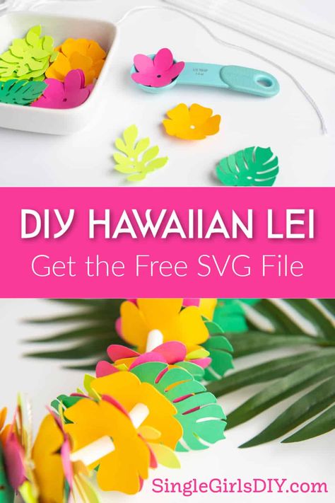 Make a paper Hawaiian lei necklace that will last much longer than the real thing! These colorful flower necklaces are made with a free SVG file and a Cricut machine. Perfect for a tropical pool party at home or a backyard luau. #Hawaii #tropical #cricut #lei Hawaiian Lei Craft For Kids, Luau Leis Diy, Make Your Own Hawaiian Lei, Hawaiian Necklace Flower Diy, Luau Preschool Theme, Paper Leis Diy, Tropical Crafts For Kids, Luau Classroom Party, Aloha Activities