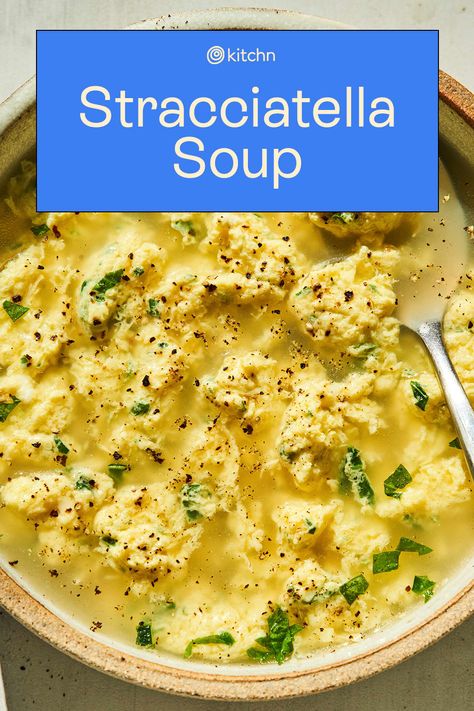 Stracciatella Soup With Chicken, Stratchatelli Soup, Stelline Soup, Stracciatella Recipe, Wfh Lunch, Easy Egg Drop Soup, Stracciatella Soup, Italian Chicken Soup, 3 Ingredient Dinners