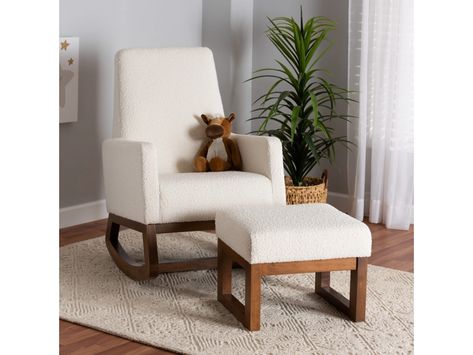 Baxton Studio Yashiya Boucle Upholstered Rocking Chair and Ottoman | Ashley Affordable Dining Room Sets, Upholstered Rocking Chairs, Wood Rocking Chair, Rocking Chair Nursery, Chair And Ottoman Set, Nursery Chair, Contemporary Chairs, Ottoman Set, Baxton Studio