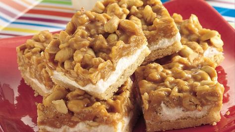 Easy Pillsbury® cookie dough makes a luscious crust that holds a nutty, chewy filling. Peanut Chews Recipe, Salted Peanut Chews, Peanut Chews, Salted Nut Rolls, Nut Rolls, Salted Nuts, Raw Cookie Dough, Pillsbury Recipes, Peanut Butter Chips